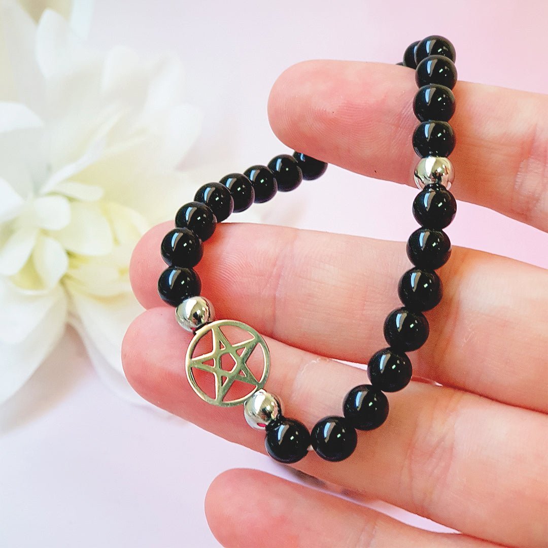 Pulsera de Protección con Pentagrama - Obsidiana