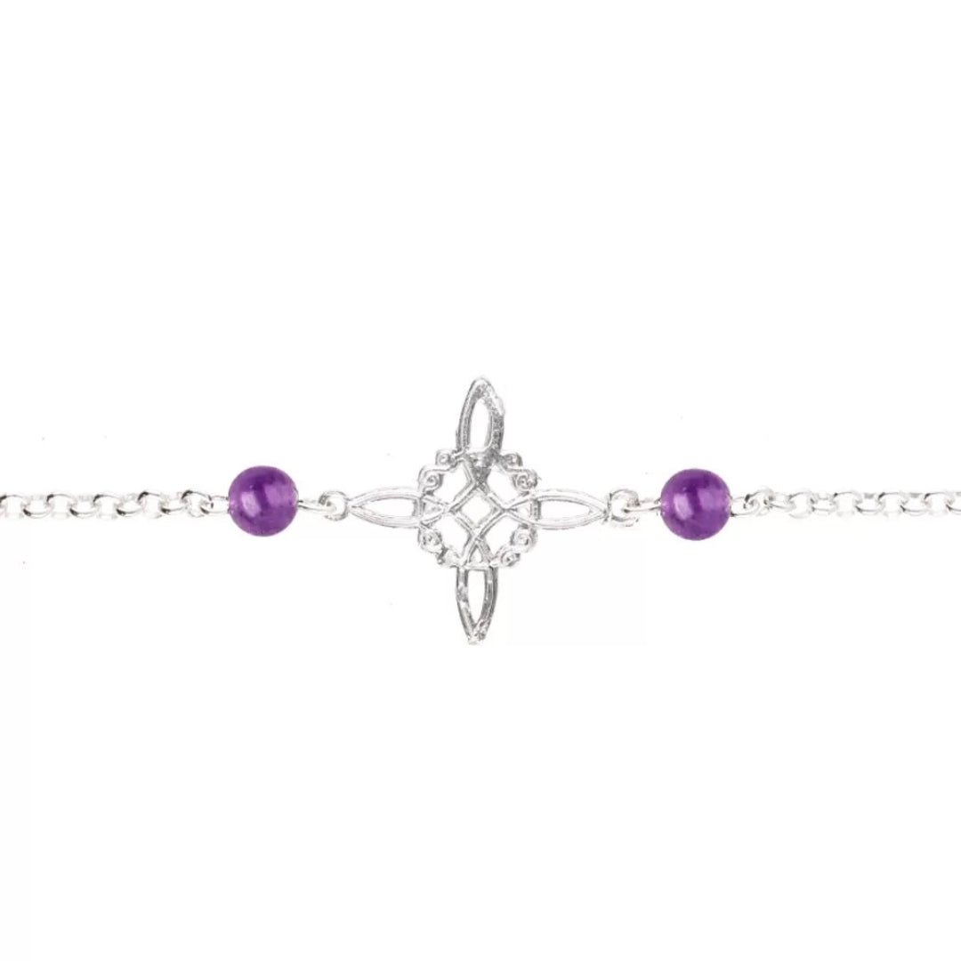 Pulsera de plata de ley 925 con nudo de bruja y bola de amatista, joya elegante y mística de Mystical Tienda.