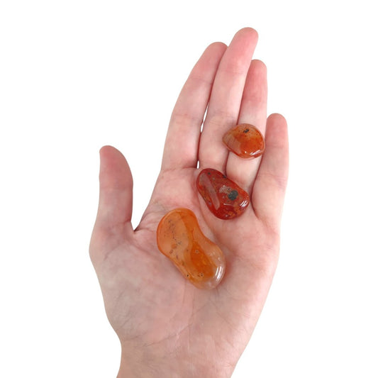 Rodado de cornalina de Mystical Tienda, muestra detalles y color naranja brillante en una superficie lisa y pulida.