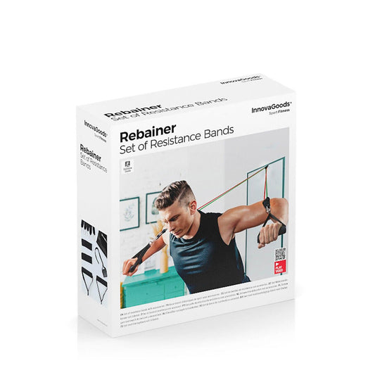 Set de 5 bandas de resistencia innovagizmo con accesorios y guía de ejercicios para entrenamiento en casa, en colores variados.