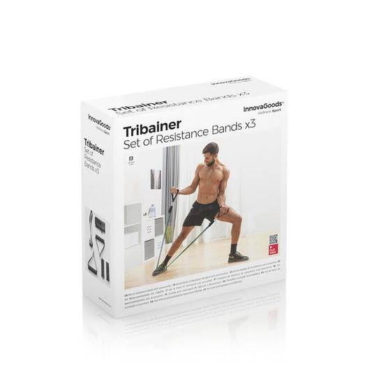 Set de 3 bandas de resistencia innovagizmo con accesorios y guía de ejercicios para entrenamiento en casa.