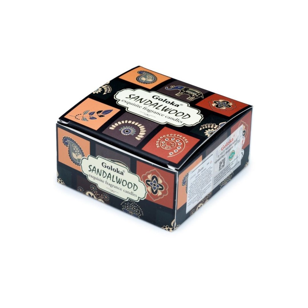 Vela de cera en lata Goloka sabor a sándalo, vela aromática de marca Mystical Tienda, con diseño compacto y elegante.