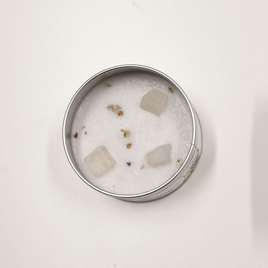 Vela 'Green Tree' de purificación con selenita, vela aromática en vaso transparente, para rituales de limpieza espiritual.