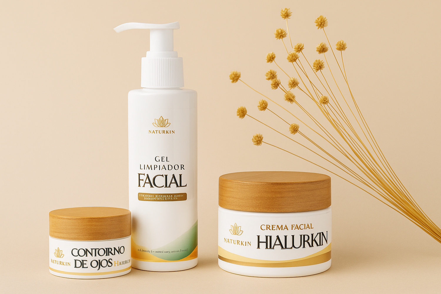 Productos faciales Naturkin: Gel limpiador, contorno de ojos Hialurkin y crema facial Hialurkin con ingredientes naturales y propiedades rejuvenecedoras