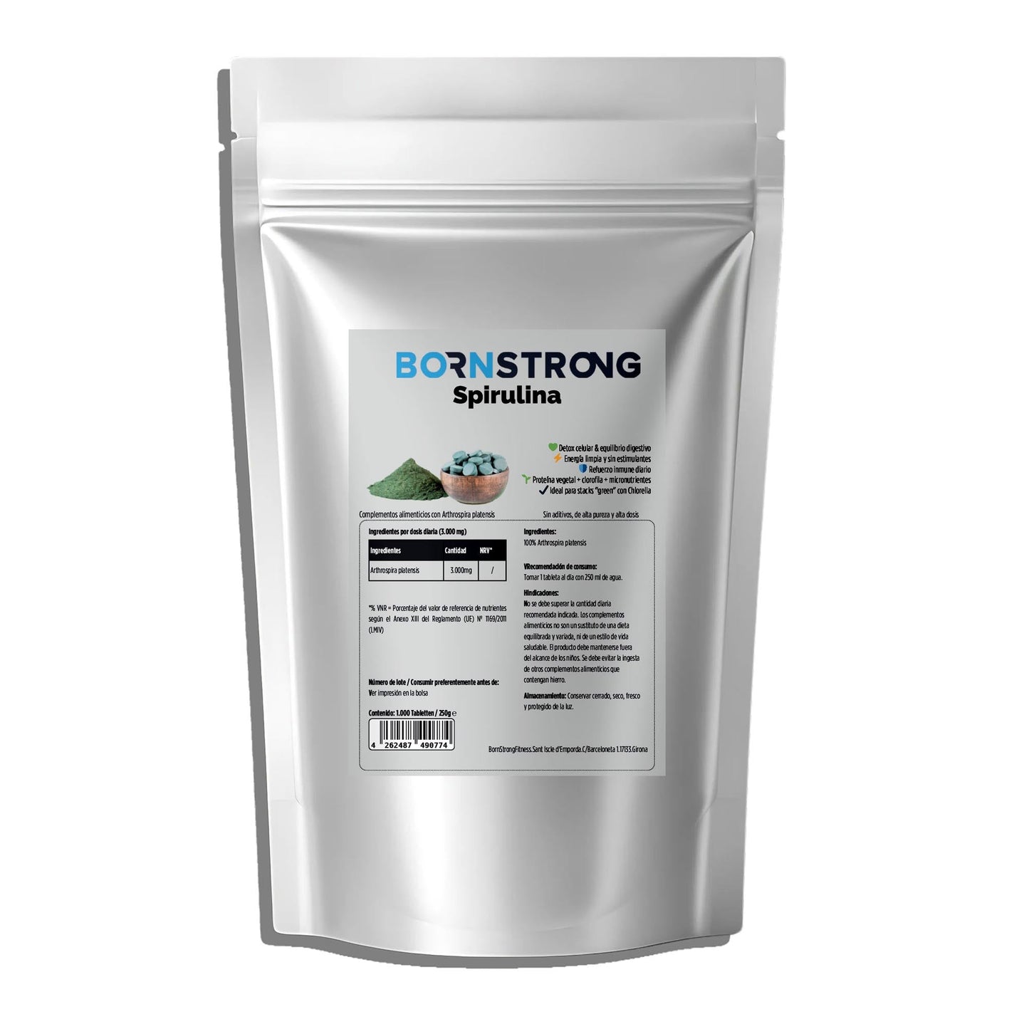 Suplemento de Spirulina BORNSTRONG FITNESS para detox, inmunidad y energía, en polvo verde con ácido fólico y vitaminas.