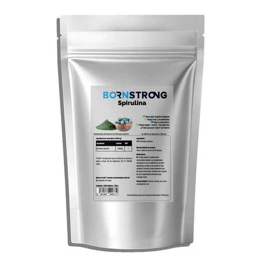 Suplemento de Spirulina BORNSTRONG FITNESS para detox, inmunidad y energía, en polvo verde con ácido fólico y vitaminas.