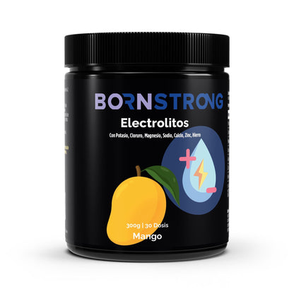 Electrolito tropical sabor mango en polvo de BORNSTRONG FITNESS, 300g, con ingredientes naturales y colorido envase.