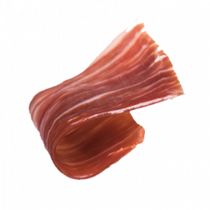 Jamón ibérico Sagrada Paleta de Bellota 100% Ibérica de MONJAMON Y MÁS, en lonchas finas sobre fondo blanco