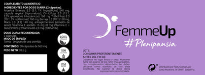 Cajas de cápsulas FemmeUp Plenipausia para aliviar síntomas de la menopausia, con envase de 60 cápsulas.