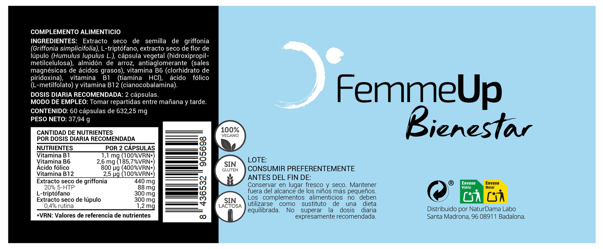 Cápsulas FemmeUp Bienestar de Femmeup, envase de 60 cápsulas con etiqueta visible, tamaño 135x50mm.