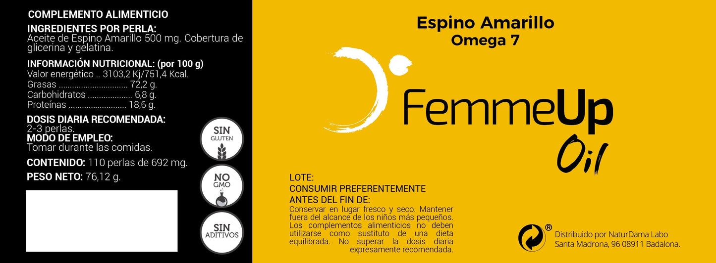 Cápsulas FemmeUp Oil de Femmeup, envase con perlas amarillas de 145x60mm en una caja, para cuidado femenino natural.