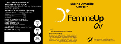Cápsulas FemmeUp Oil de Femmeup, envase con perlas amarillas de 145x60mm en una caja, para cuidado femenino natural.