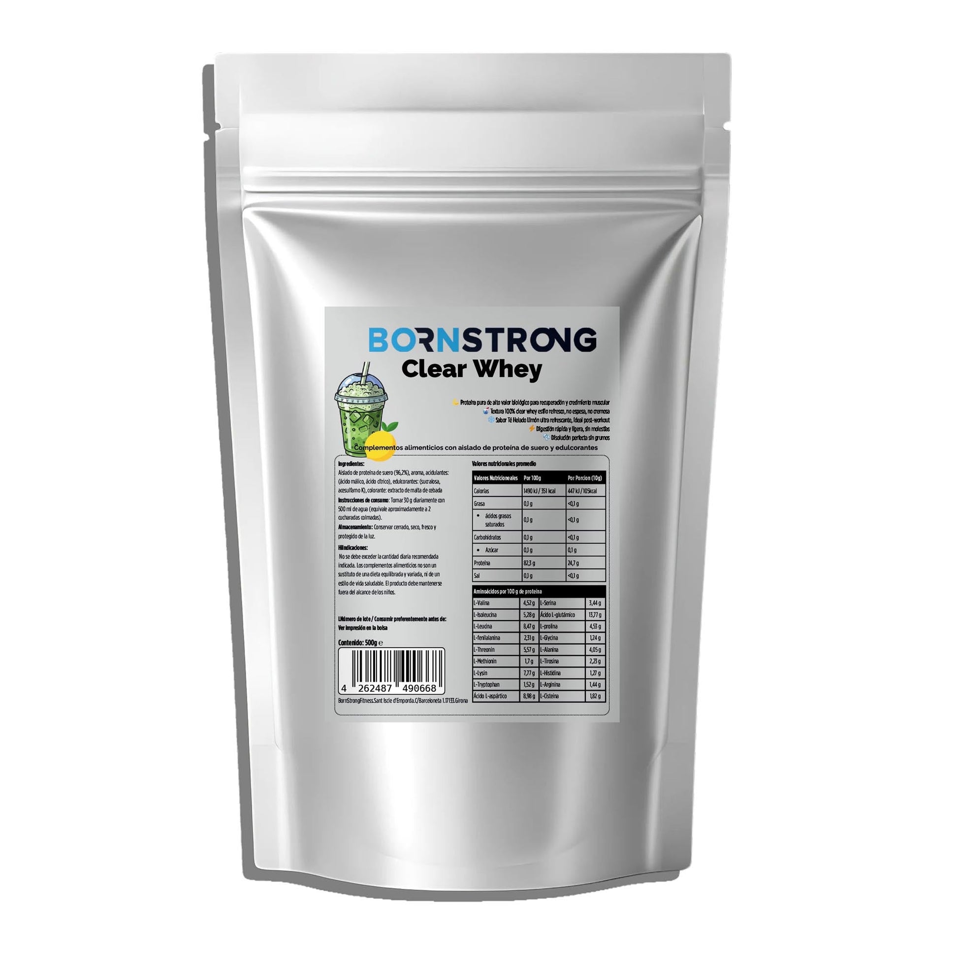 Té helado de limón Clear Whey de BORNSTRONG FITNESS en envase de 500g, bebida refrescante y proteica natural.