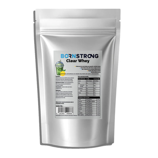 Té helado de limón Clear Whey de BORNSTRONG FITNESS en envase de 500g, bebida refrescante y proteica natural.
