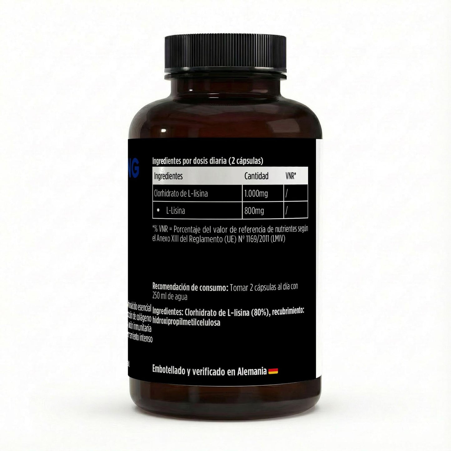 Suplemento de L-Lisina de BORNSTRONG FITNESS para recuperación, rendimiento y defensa muscular, en envase de 14 cápsulas.