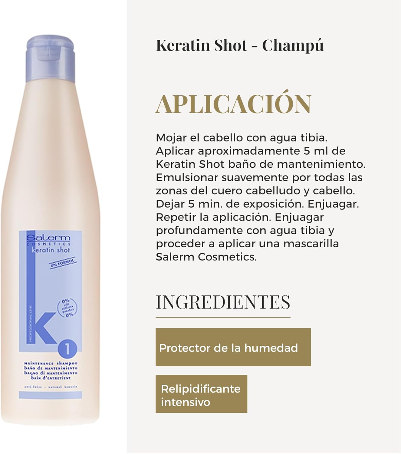 SALERM - Keratin Shot - Champú sin Sulfatos - 500 ml - Preparación y Mantenimiento para Tratamiento de Queratina para Alisar el Cabello - Cabello Suave y Brillante