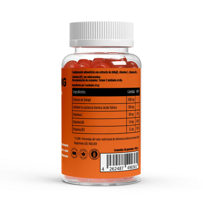 Gominolas premium Shilajit de BORNSTRONG FITNESS con vitamina C, B6 y B12 para energía y rendimiento mental.