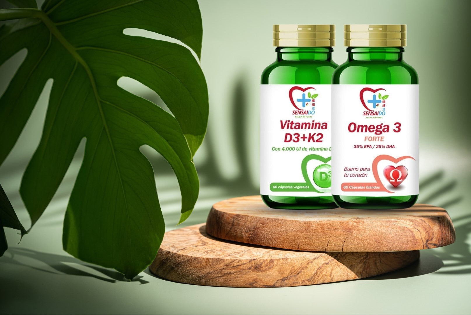 Pack de suplementos Sensaido para la menopausia, con frascos de vitaminas y productos naturales, en envases blancos y etiquetados.