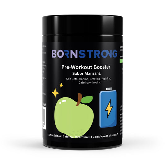 Suplemento pre-entreno Booster Manzana de BORNSTRONG FITNESS, energizante y que mejora el enfoque durante el entrenamiento.