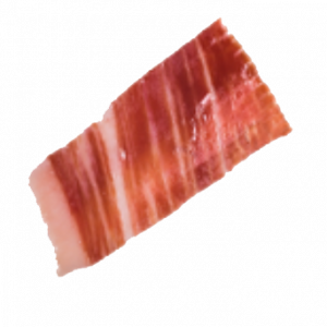 Jamón de Bellota 100% Ibérico de 80g de la marca MONJAMON Y MÁS, cortado a cuchillo sobre fondo blanco.