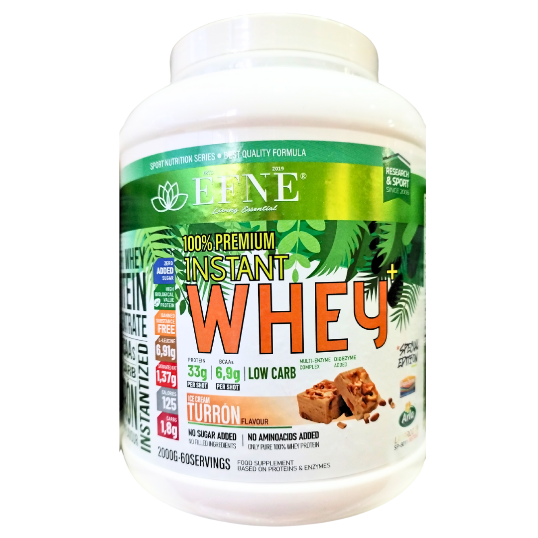 Suplemento de proteína Whey EFNE sabor helado de turrón, envase con polvo de proteína en la imagen.