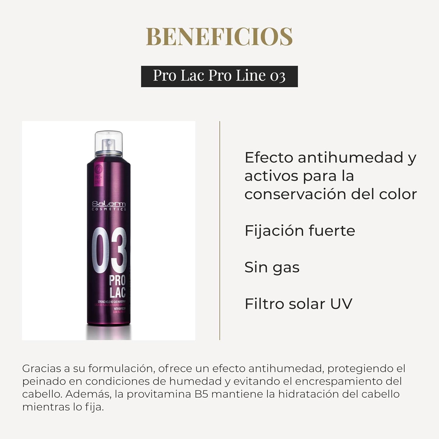 SALERM - Laca sin Gas - Pro Line Hair Spray 03-300 ml - Fijación Fuerte - con Filtro Solar UV - Efecto Anti Humedad - Conserva el Color - Protege el Cabello de las Agresiones Externas
