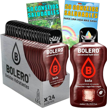 Lote Bebida Bolero (12 x 9 Gr) Sabor COLA Hidratante con Vitamina C, Sin Azúcar + Tarjeta con 100 Consejos Saludables y Vida Sana x WikiMark (12 Sobres + Tarjeta 100 Consejos, COLA (KOLA))