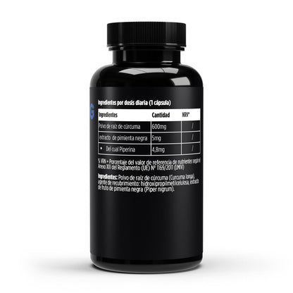 Suplemento de cúrcuma con piperina de BORNSTRONG FITNESS, jarra con cápsulas para inflamación, digestión y defensa natural.