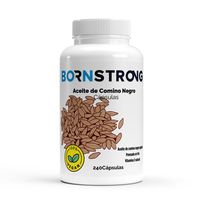 Aceite egipcio de comino negro en cápsulas blandas veganas, suplemento de BORNSTRONG FITNESS en envase con 240 cápsulas.