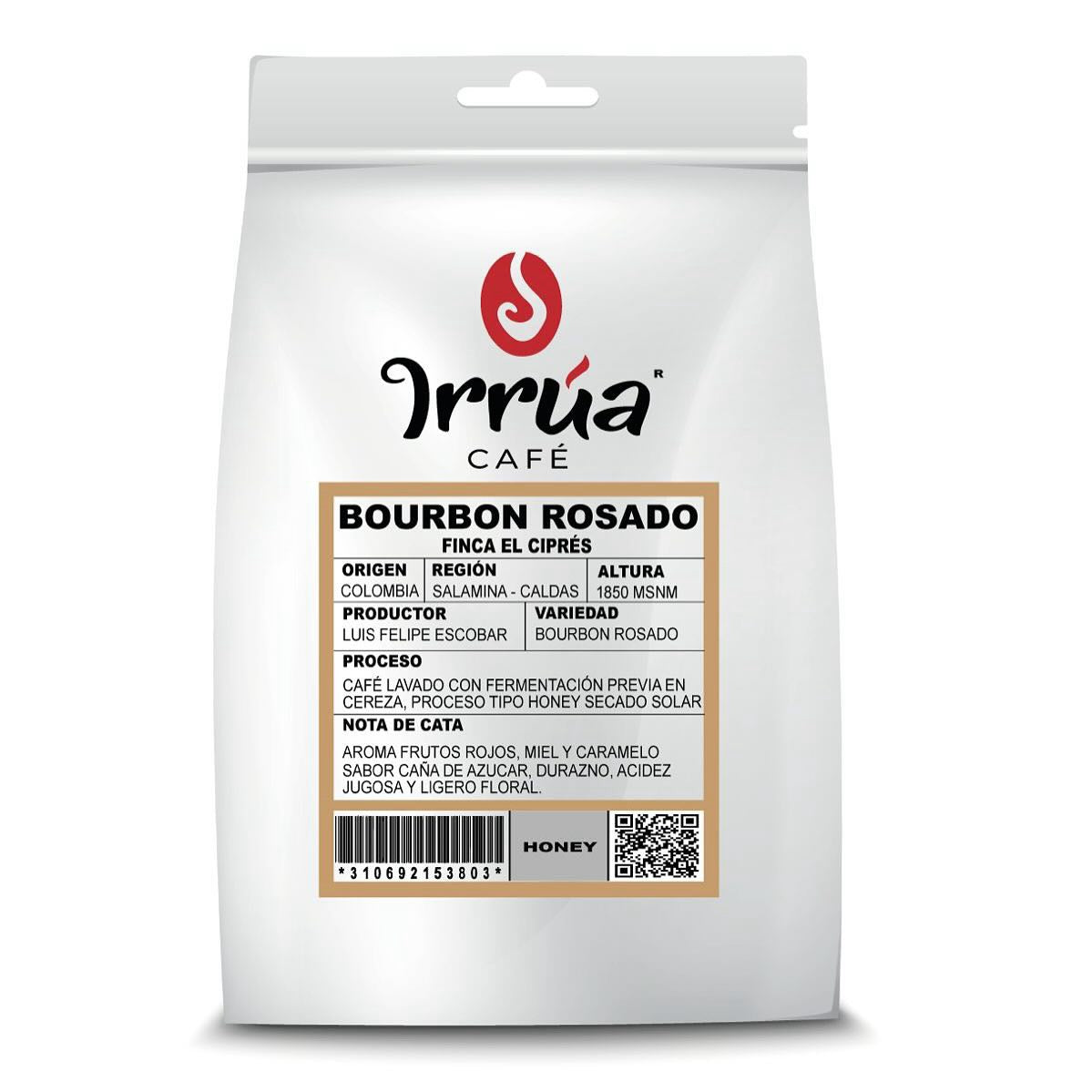 Granos de café Bourbon Rosado de Irrúa Café, café diferenciado con proceso honey, en sacos de yute.