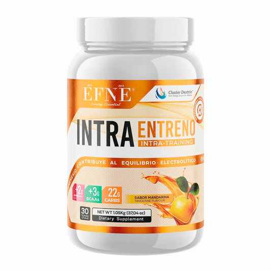 Polvo de entrenamiento EFNE Intra Entreno sabor mandarina en envase de 1.05kg, con polvo de color anaranjado y etiqueta visible