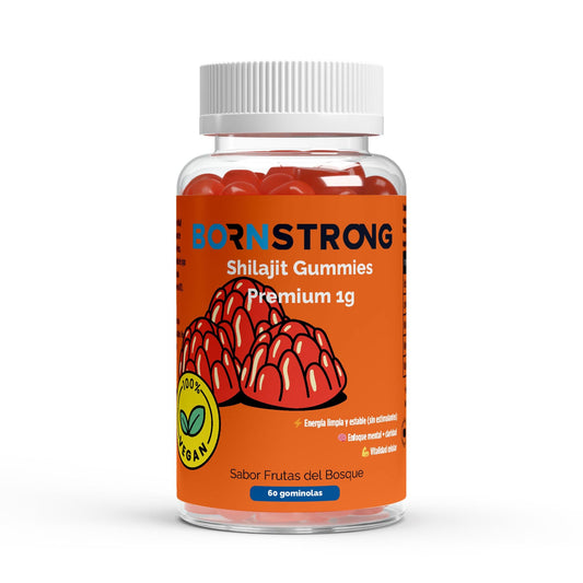 Gominolas premium de Shilajit BORNSTRONG FITNESS con vitamina C, B6 y B12 para energía y rendimiento mental.