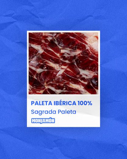 Jamón ibérico de bellota 100% de más de 30 meses, lonchas finas en presentación de la Sagrada Paleta de Bellota.
