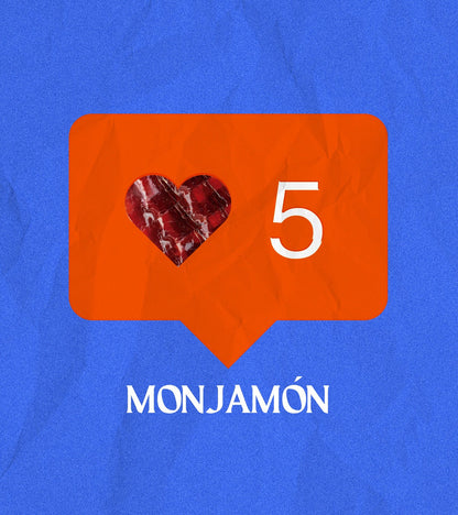 Jamón Gran Reserva MONJAMON Y MAS de más de 36 meses, corte en finas lonchas con textura y color característicos del jamón curado.