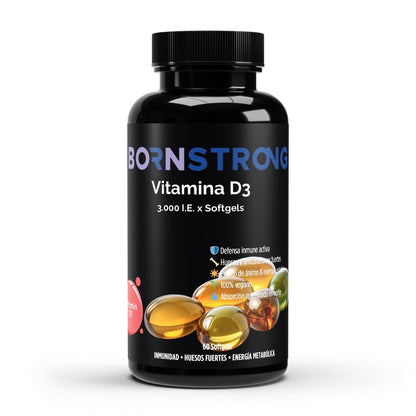 Vitamina D3 BORNSTRONG FITNESS para inmunidad, huesos fuertes y energía metabólica, frasco con cápsulas de vitamina D3.