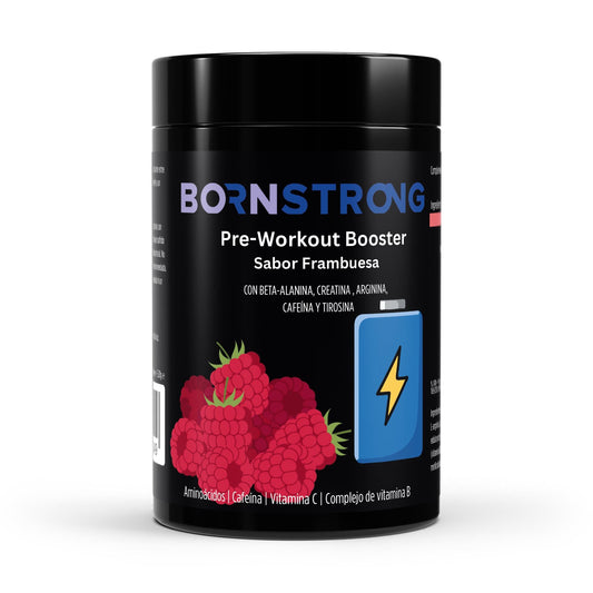 Suplemento Pre-Workout Booster de BORNSTRONG FITNESS en sabor frambuesa, envase de 520g, con polvo en interior.