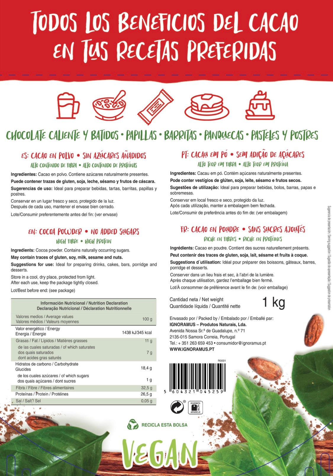 Cacao en polvo 100% natural AZALA GOURMET, envase de 1kg, con cacao en polvo fino y oscuro para cocinar y hornear.