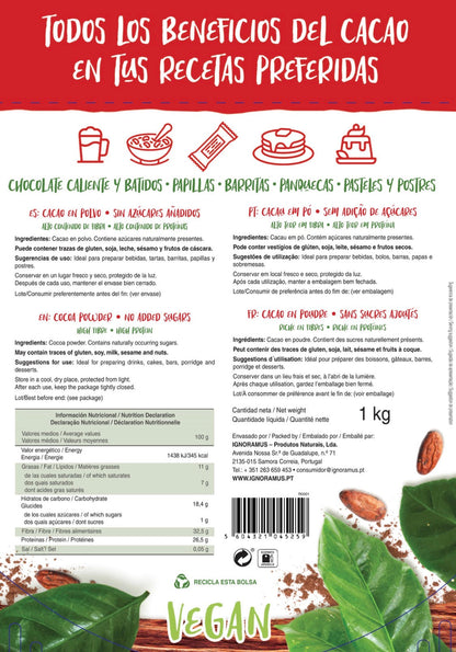 Cacao en polvo 100% natural AZALA GOURMET, envase de 1kg, con cacao en polvo fino y oscuro para cocinar y hornear.