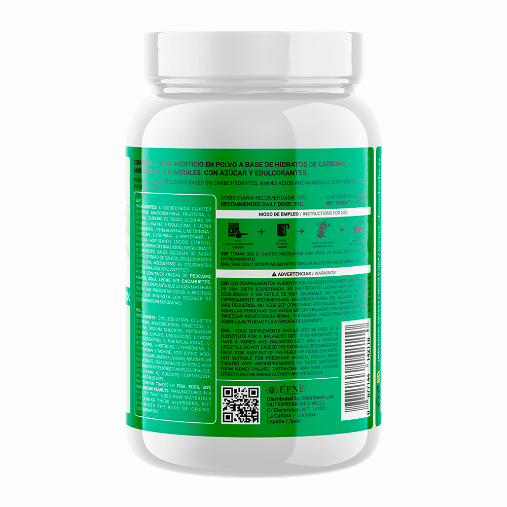 Polvo de EFNE Intra Entreno sabor lima limón en envase de 1.05kg, mostrando el frasco con etiqueta y polvo dentro.