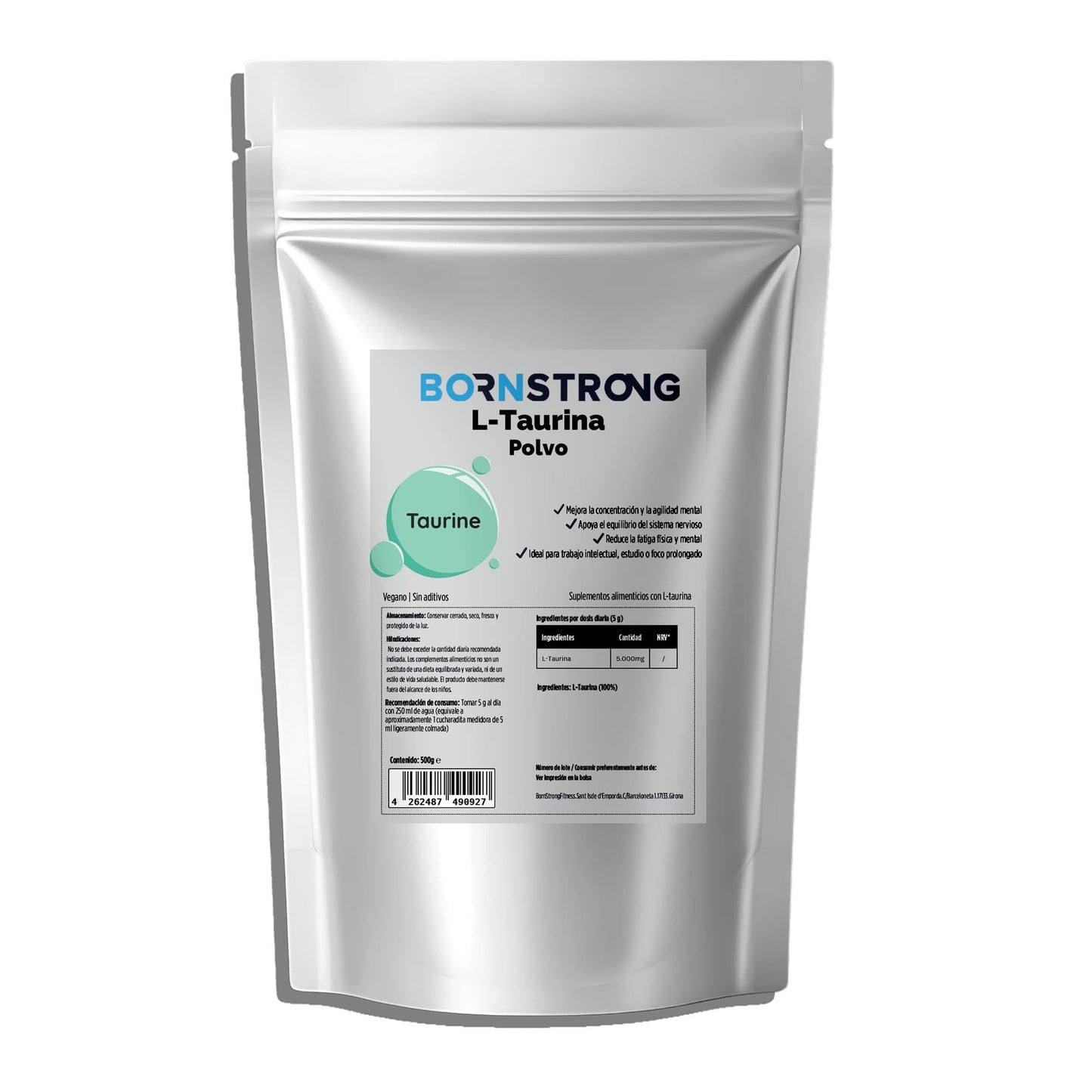 Polvo de taurina BORNSTRONG FITNESS en paquete Doypack de 500g, muestra el envase con polvo blanco en una superficie.