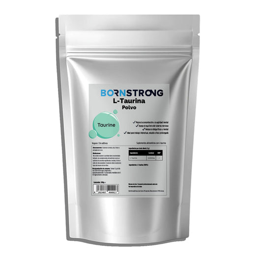 Polvo de taurina BORNSTRONG FITNESS en paquete Doypack de 500g, muestra el envase con polvo blanco en una superficie.