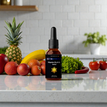 Suplemento de Vitamina D3 y K2 de BornStrong Fitness, frascos con cápsulas para huesos fuertes e inmunidad activa.
