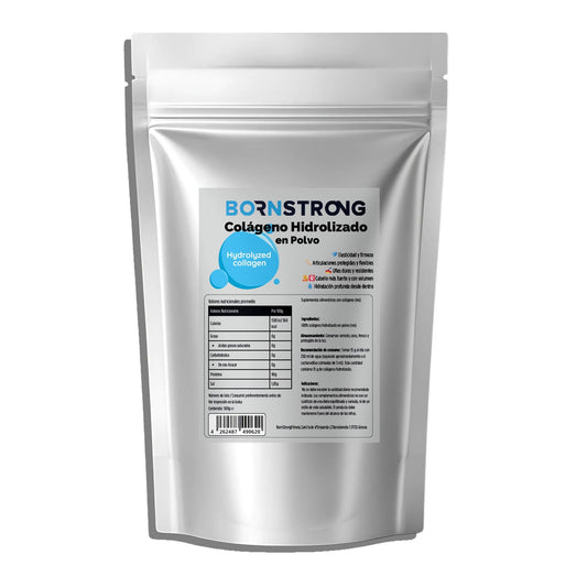 Polvo de hidrolizado de colágeno BORNSTRONG FITNESS para piel firme y articulaciones flexibles, en envase con cucharador.