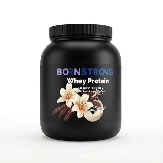 Proteína de suero Premium Vainilla de BORNSTRONG FITNESS, frasco de 1.000 g con polvo de proteína en envase.
