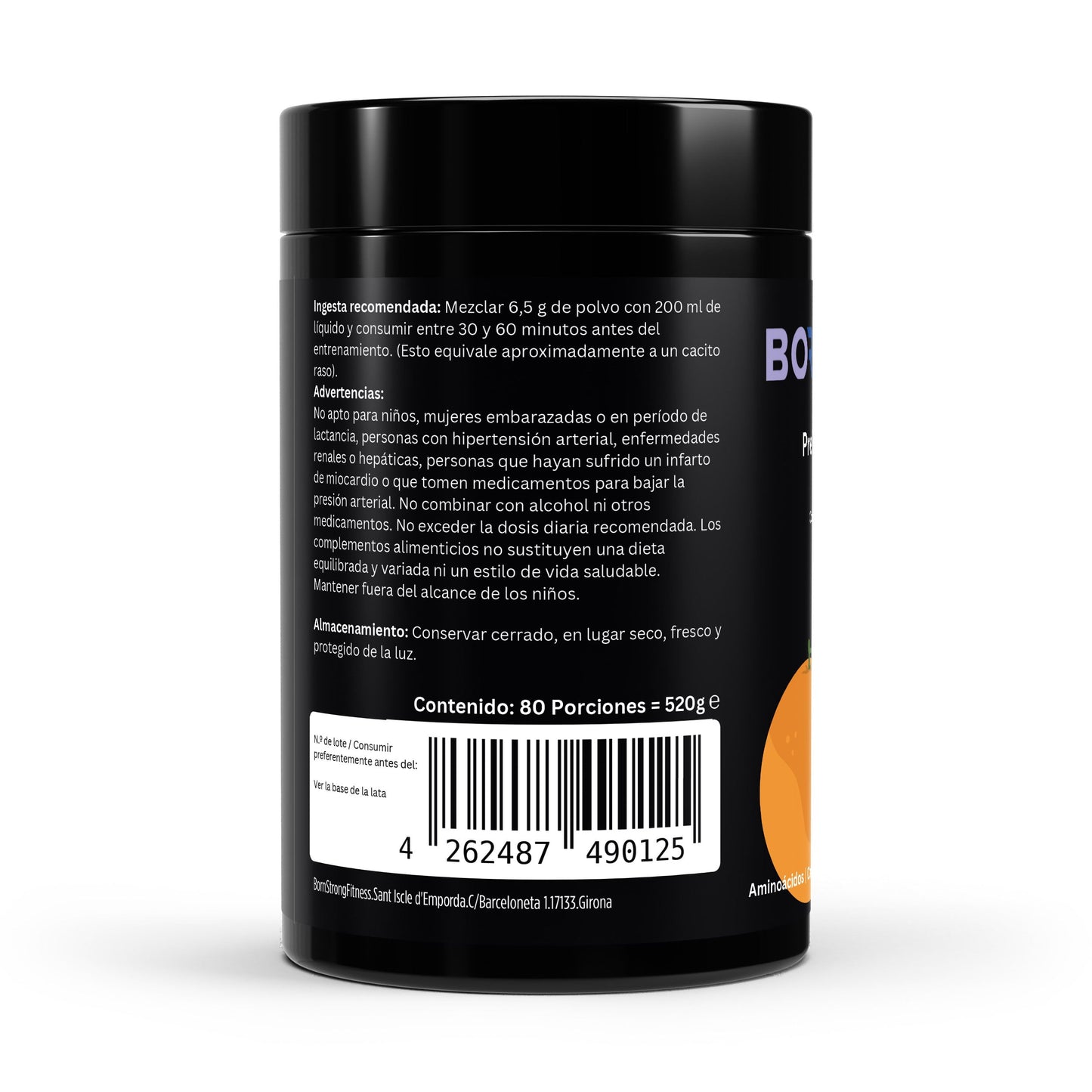 Supuesto de pre-entreno booster de naranja de 520g de BORNSTRONG FITNESS, con polvo en envase de producto.