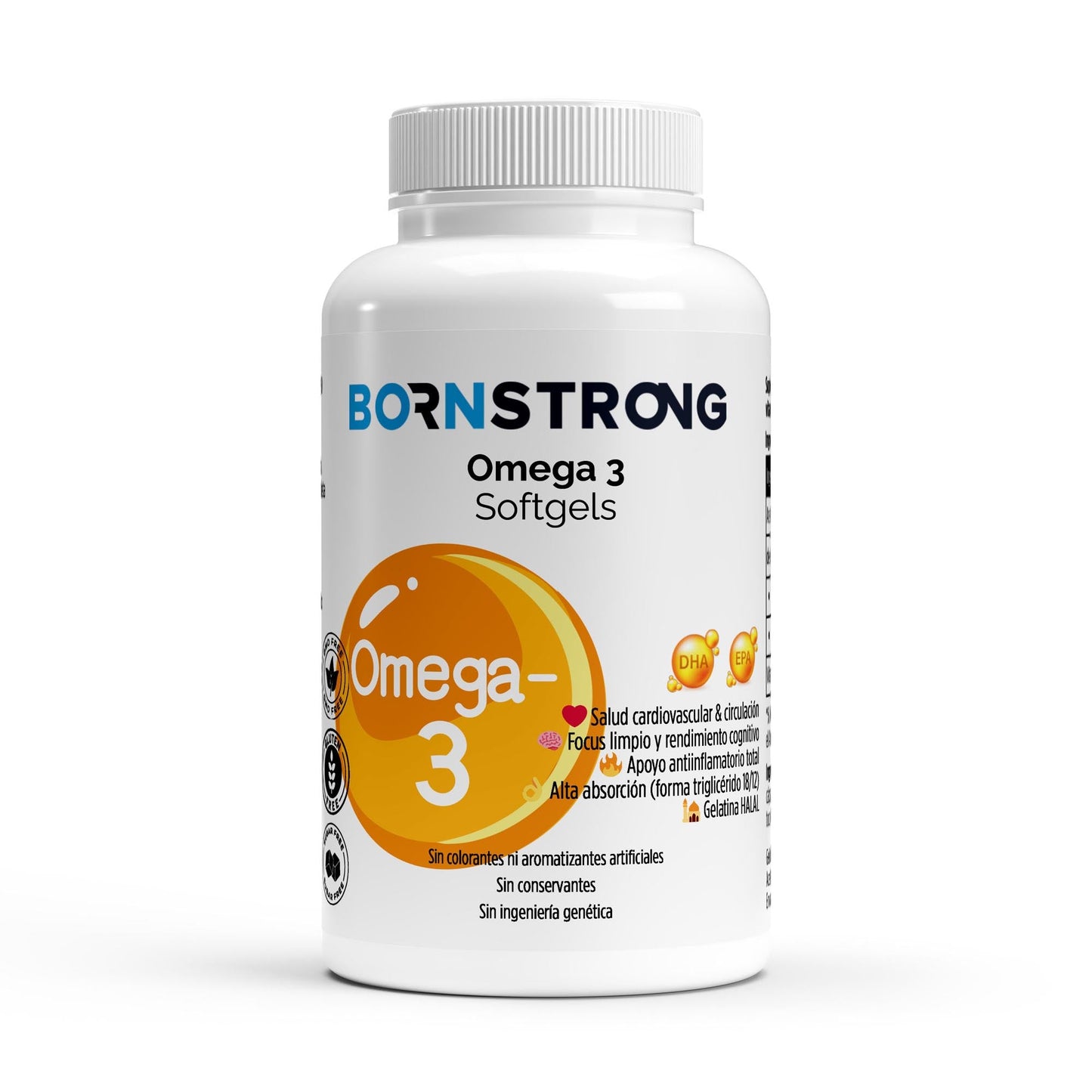 Suplemento Omega 3 Trigliceridos 18/12 de BORNSTRONG FITNESS, para salud cardiovascular y mente clara, en envase blanco.