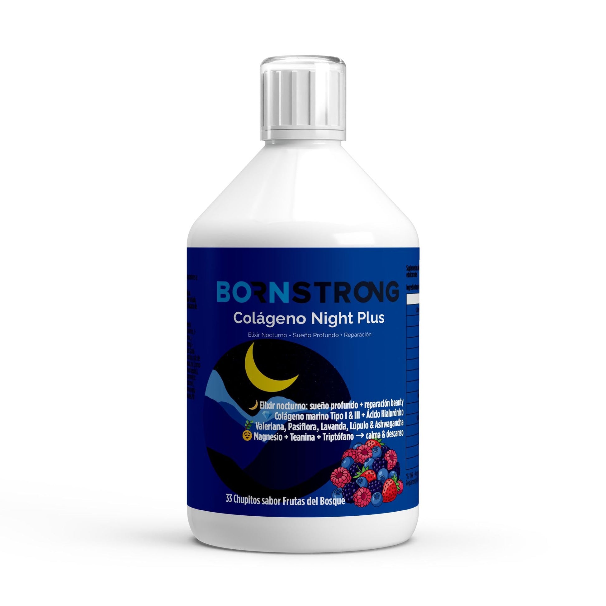 Suplemento de colágeno Night Plus+ de BORNSTRONG FITNESS, elixir para un sueño profundo y despertar con brillo.