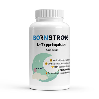 Suplemento de L-Triptófano puro de BORNSTRONG FITNESS, con cápsulas que promueven sueño profundo, serotonina y relajación mental.
