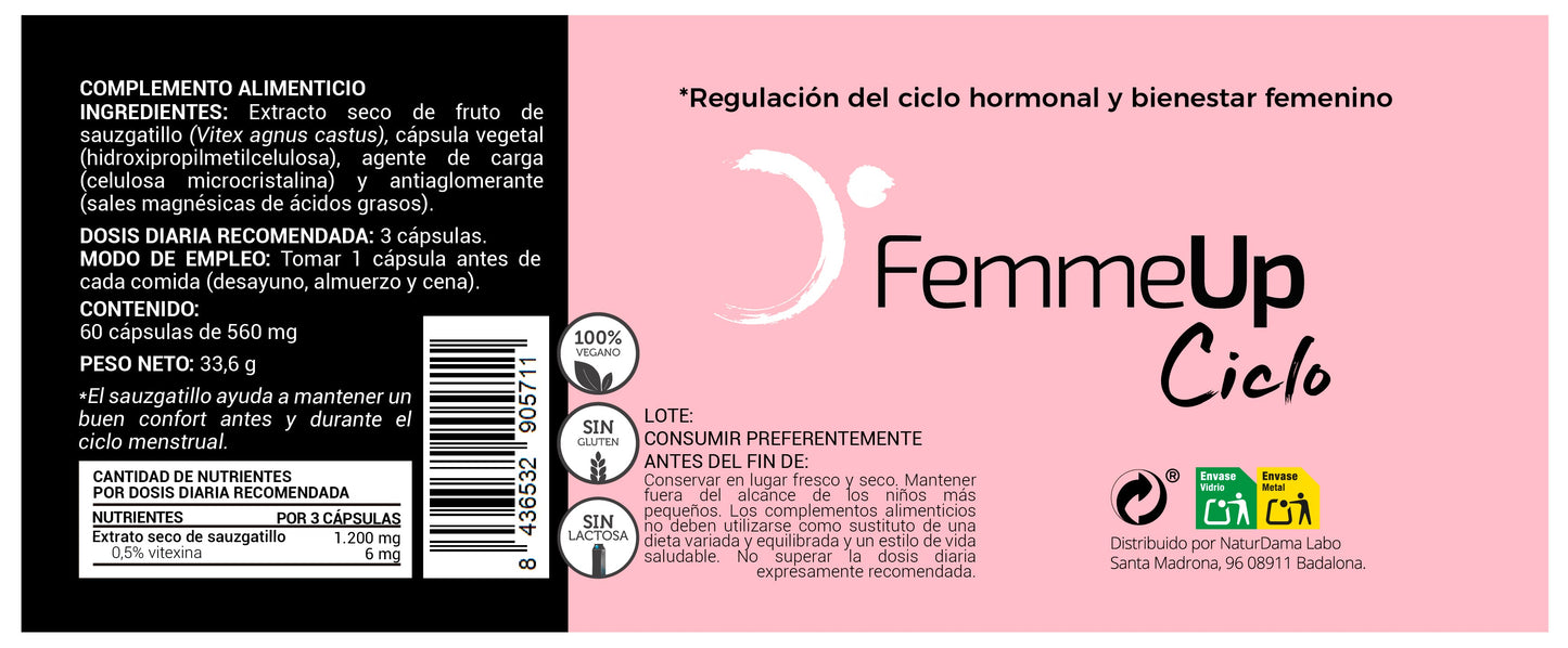 Cápsulas FemmeUp Ciclo de Femmeup en envase de 60, con salsa y tamaño 135x50mm, para apoyo en el ciclo femenino.