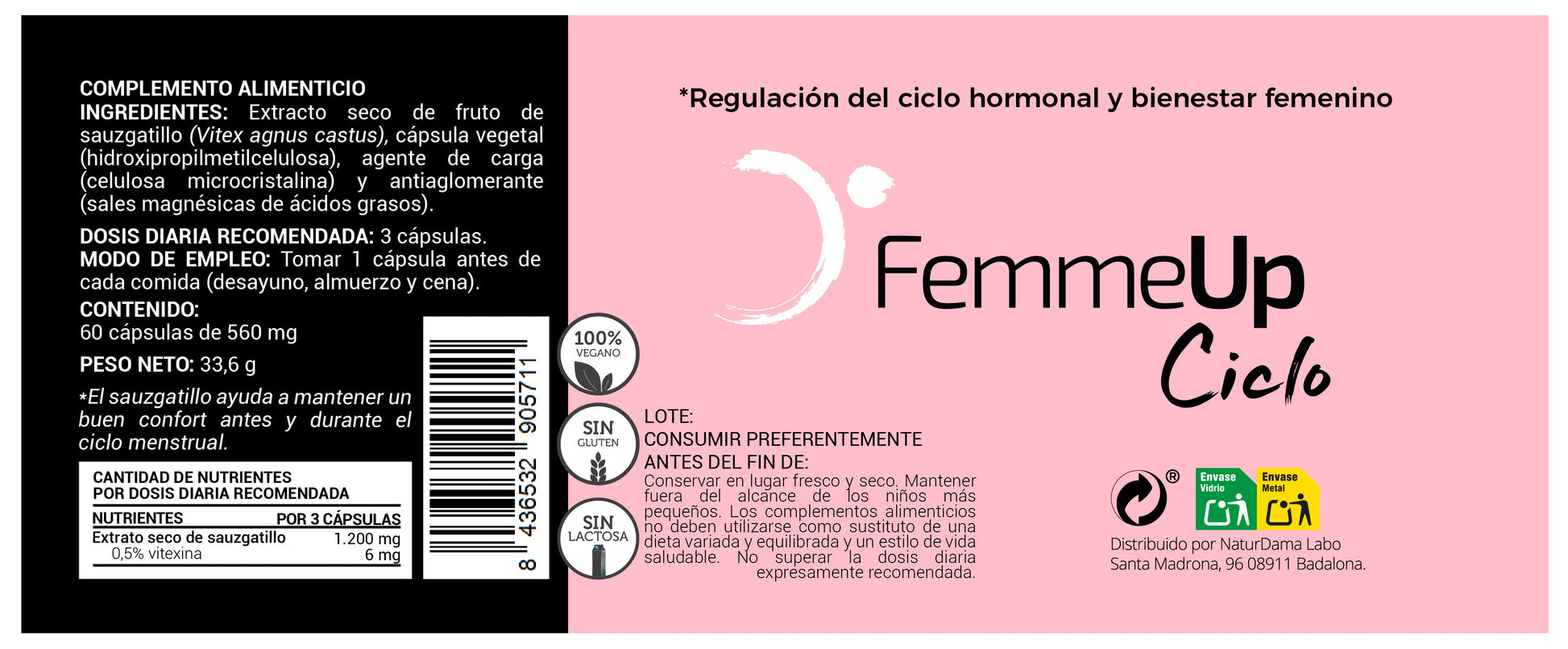 Cápsulas FemmeUp Ciclo de Femmeup en envase de 60, con salsa y tamaño 135x50mm, para apoyo en el ciclo femenino.